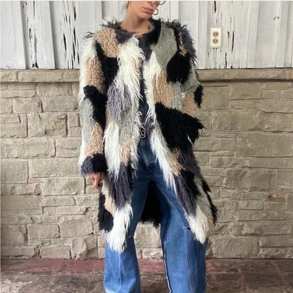 Multicolor patchwork shaggy faux fur coat shearling duster jacket - Picture 4 of 6